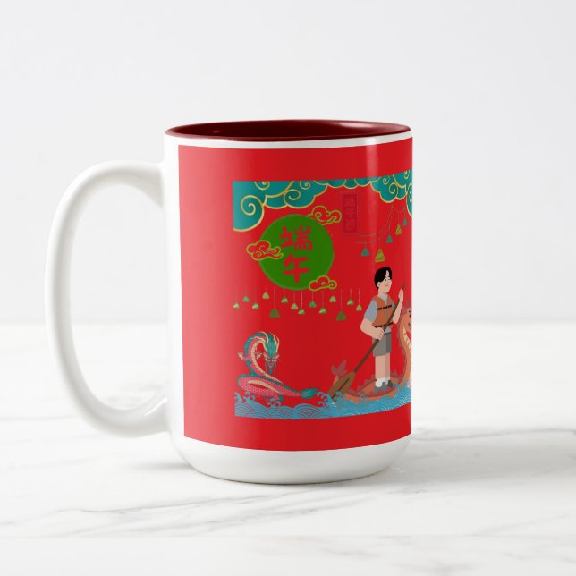 Celestial paddle dance bright red Two-Tone coffee mug (Left)