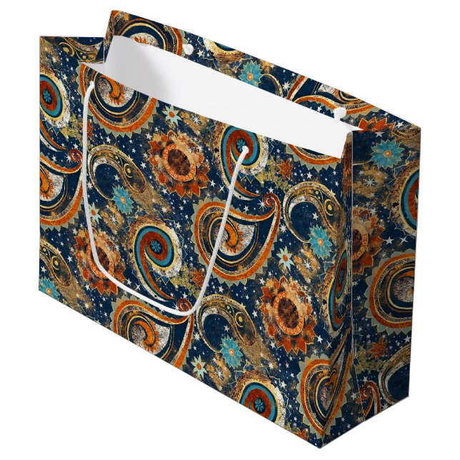  Celestial Paisley Pattern Navy Blue, Orange, Gold Large Gift Bag (Front Angled)