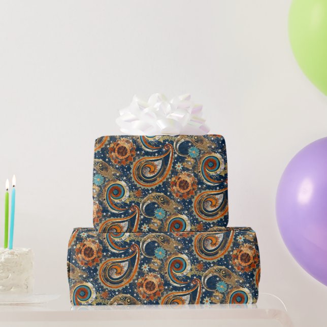  Celestial Paisley Pattern Navy Blue, Orange, Gold Wrapping Paper (Party Gifts)