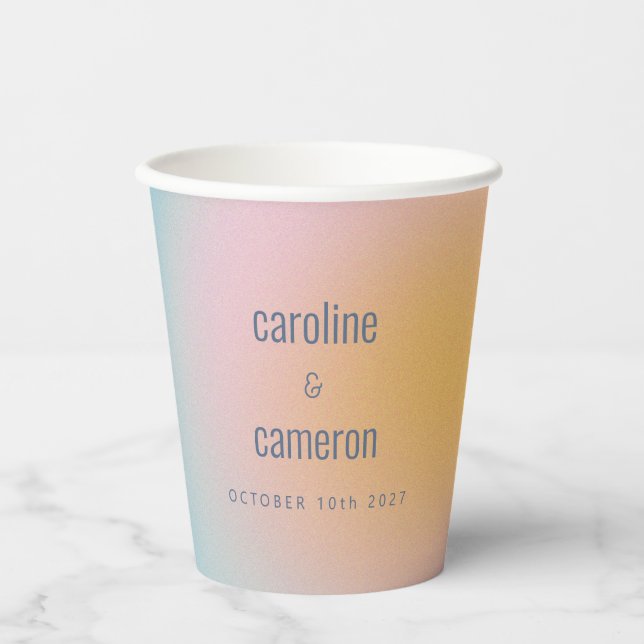 Celestial Pastel Blue Pink Grainy Gradient Wedding Paper Cups (Front)