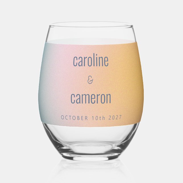Celestial Pastel Blue Pink Grainy Gradient Wedding Stemless Wine Glass (Front)
