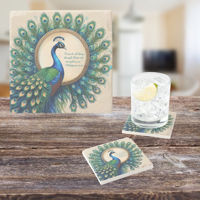 Celestial Peacock Bloom Bible Verse  Stone Coaster (Creator Uploaded)