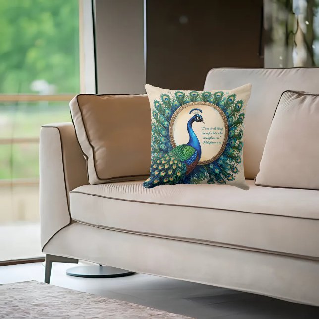 Celestial Peacock Bloom Bible Verse  Throw Pillow (Creator Uploaded)