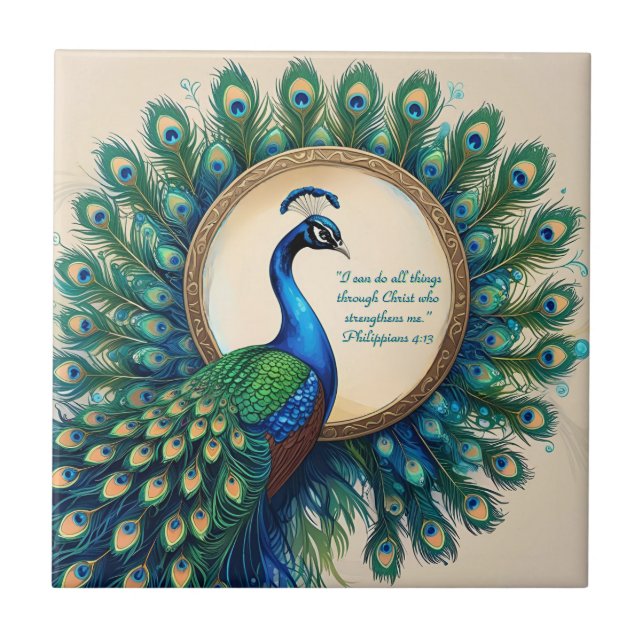 Celestial Peacock Bloom Bible Verse  Tile (Front)