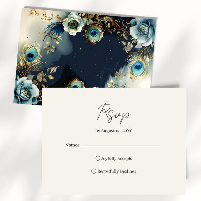 Celestial Peacock Feathers Elegant Wedding RSVP Card (Creator Uploaded)