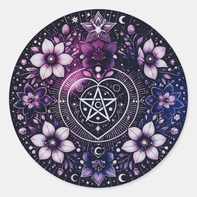 Celestial Pentagram Heart Sticker with Flowers (Front)