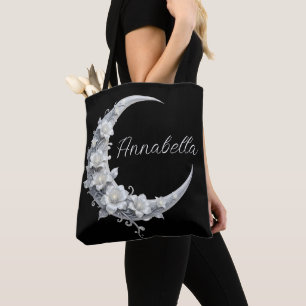 Celestial Personalized Moon Goddess Name on Black Tote Bag