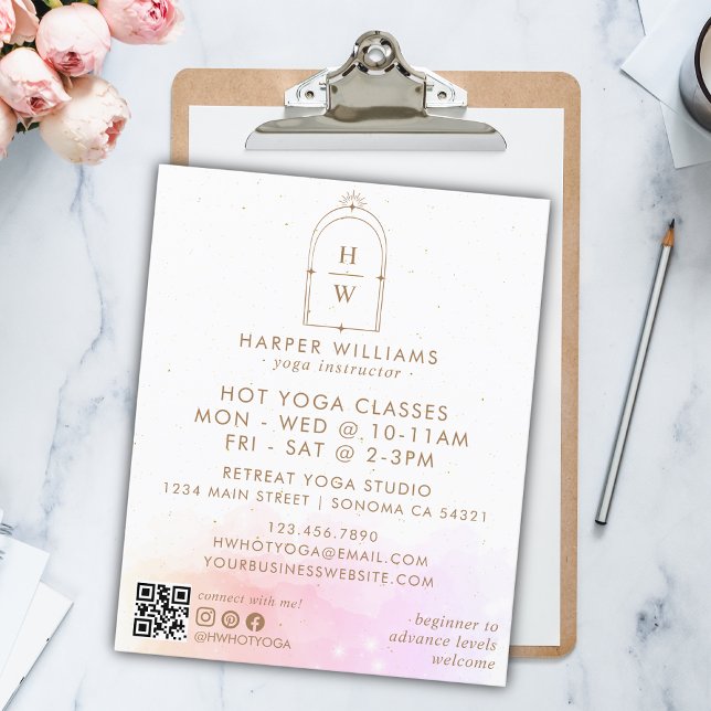 Celestial Pink Monogram Yoga Instructor QR Code Flyer (Creator Uploaded)