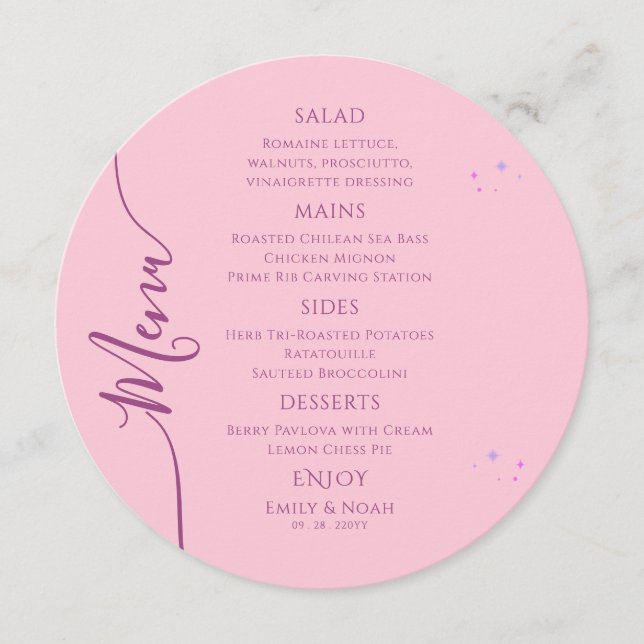 Celestial Pink Purple Sun Moon Stars Space Wedding Menu (Front)