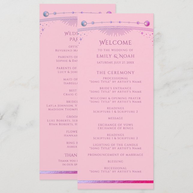 Celestial Pink Purple Sun Moon Stars Wedding Program (Front/Back)