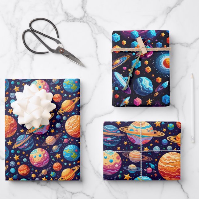 Celestial Planets and Stars Wrapping Paper Sheet (Front)