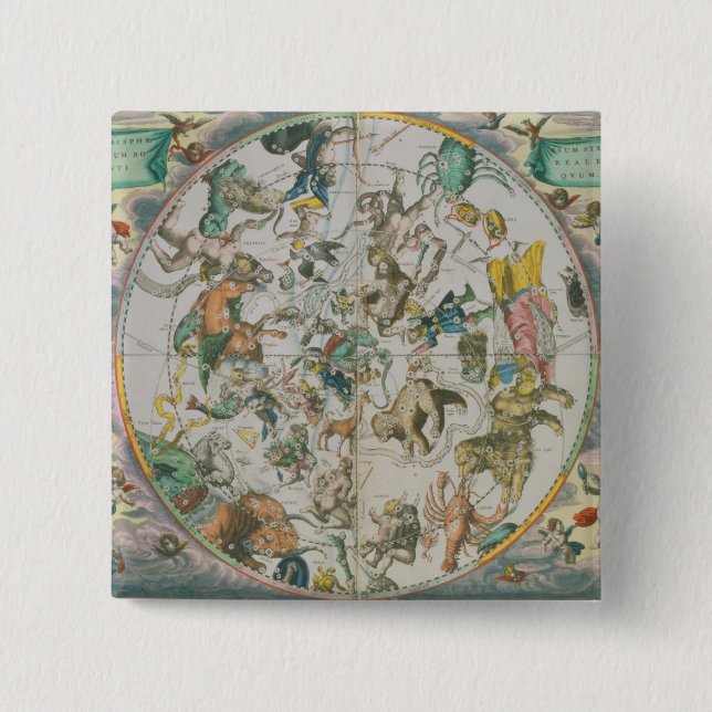 Celestial Planisphere Showing the Signs of the Zod 2 Inch Square Button (Front)