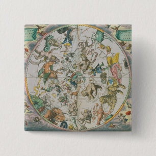Celestial Planisphere Showing the Signs of the Zod 2 Inch Square Button