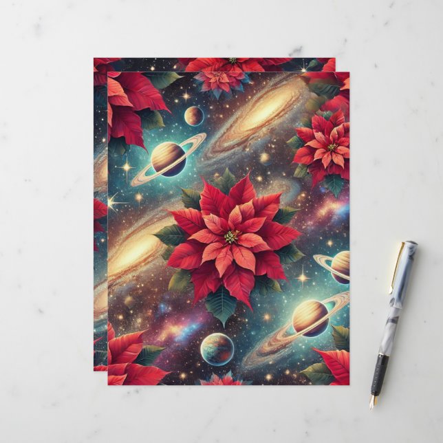 Celestial Poinsettia Pattern Scrapbook Paper Sheet (Front/Back In Situ)