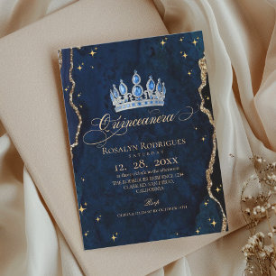  Celestial Princess Quinceanera Blue Gold Stars Invitation