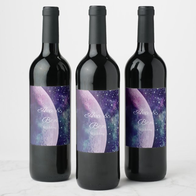 Celestial Purple Galaxy Moon Wedding  Wine Label (Bottles)