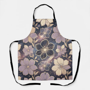 Celestial Purple Gold Floral Pattern Stars Galaxy Apron