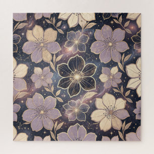 Celestial Purple Gold Floral Pattern Stars Galaxy Jigsaw Puzzle
