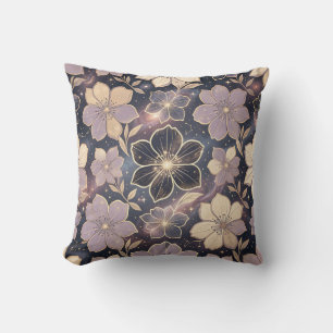 Celestial Purple Gold Floral Pattern Stars Galaxy Throw Pillow