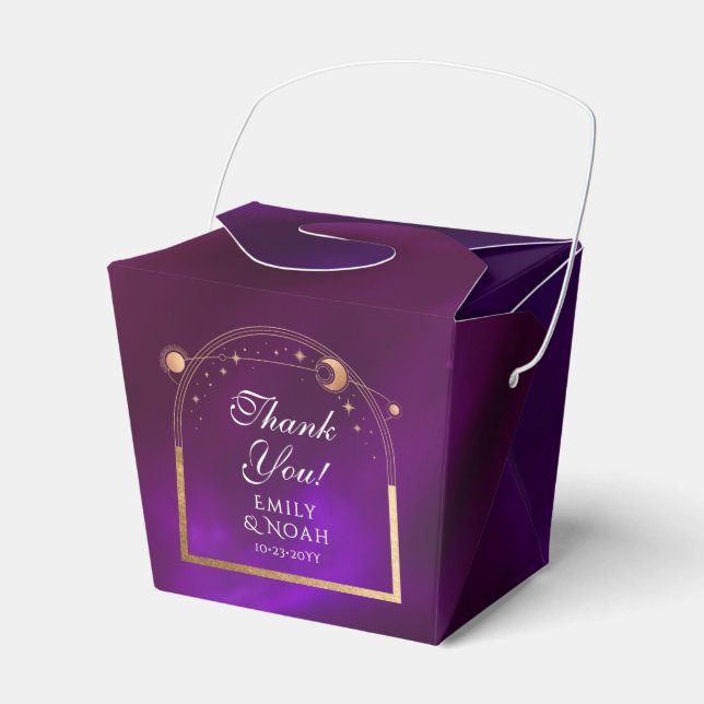 Celestial Purple Teal Gold Sun Moon Stars Wedding Favor Box (Front Side)