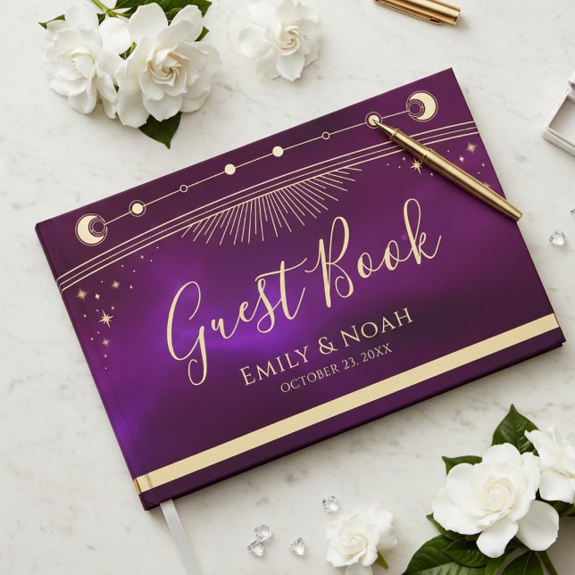Celestial Purple Teal Gold Sun Moon Stars Wedding  Guest Book (Creator Uploaded)