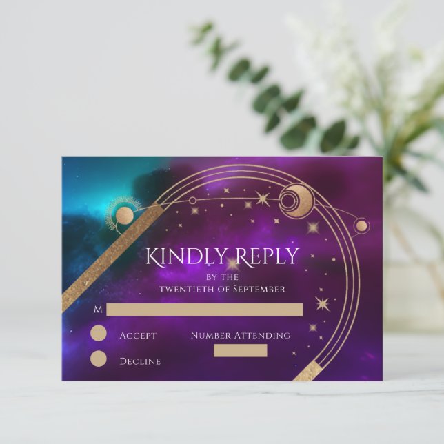 Celestial Purple Teal Gold Sun Moon Stars Wedding RSVP Card (Standing Front)