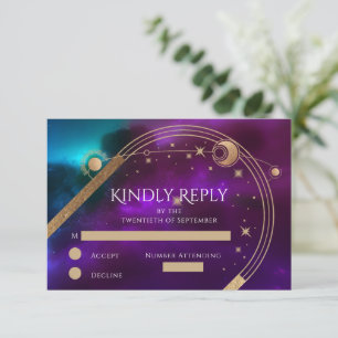 Celestial Purple Teal Gold Sun Moon Stars Wedding RSVP Card