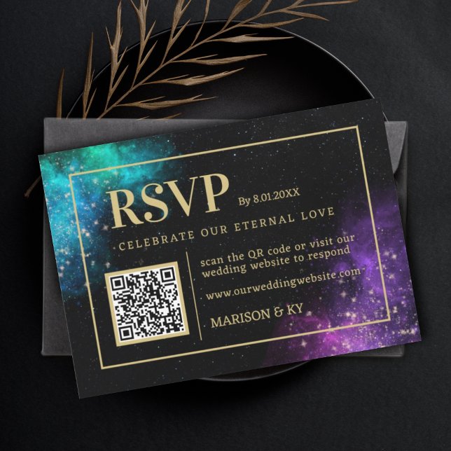 Celestial Purple Teal Nebula Stars Wedding RSVP QR Card (Creator Uploaded)