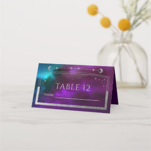 Celestial Purple Teal Silver Sun Moon Star Wedding Place Card