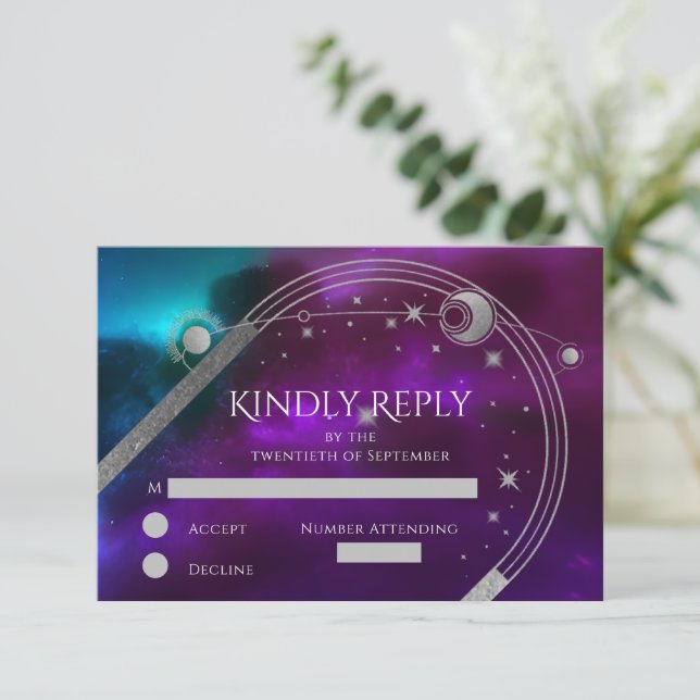 Celestial Purple Teal Silver Sun Moon Star Wedding RSVP Card (Standing Front)