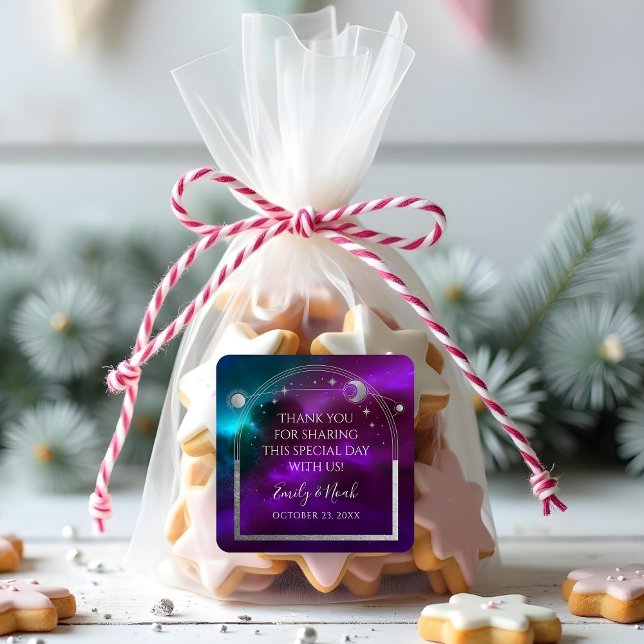 Celestial Purple Teal Silver Wedding Thank You Square Sticker (Creator Uploaded)