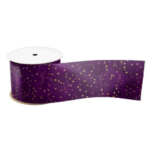 Celestial Purple & Yellow Starry Night Pattern Satin Ribbon