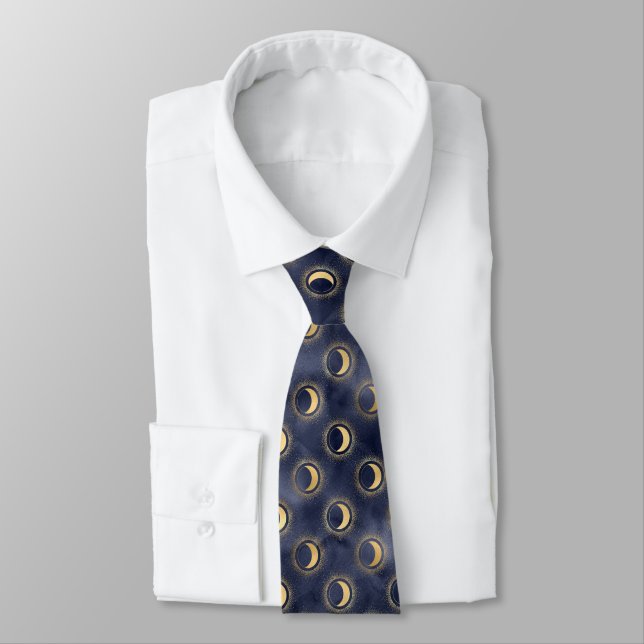 Celestial Quarted Moon and Stars On Navy Night Sky Tie (Tied)
