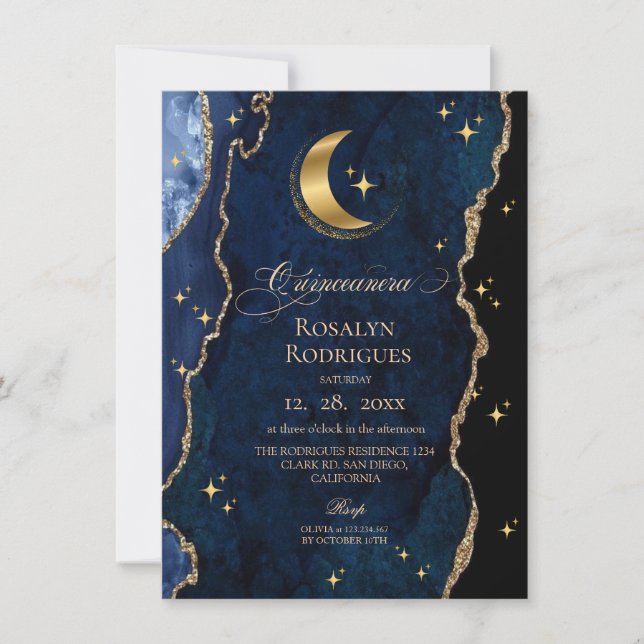  Celestial Quinceanera Midnight Stars Moon  Invitation (Front)