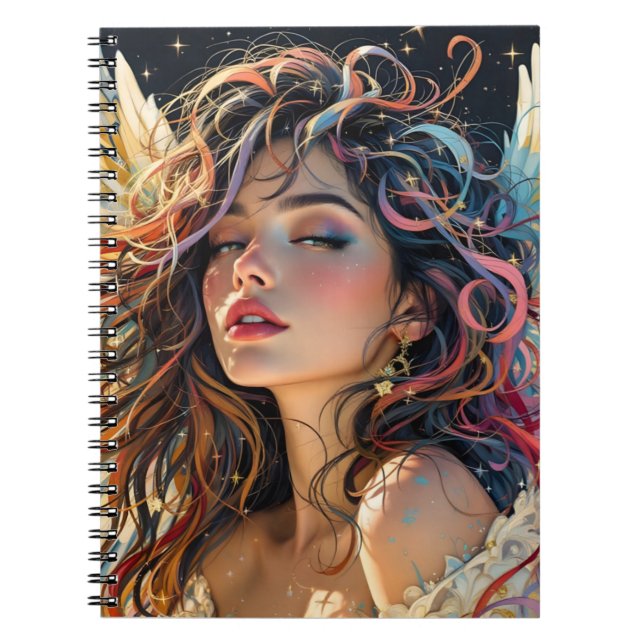 Celestial Radiance – Rainbow Winged Angel Portrait Notebook (Front)