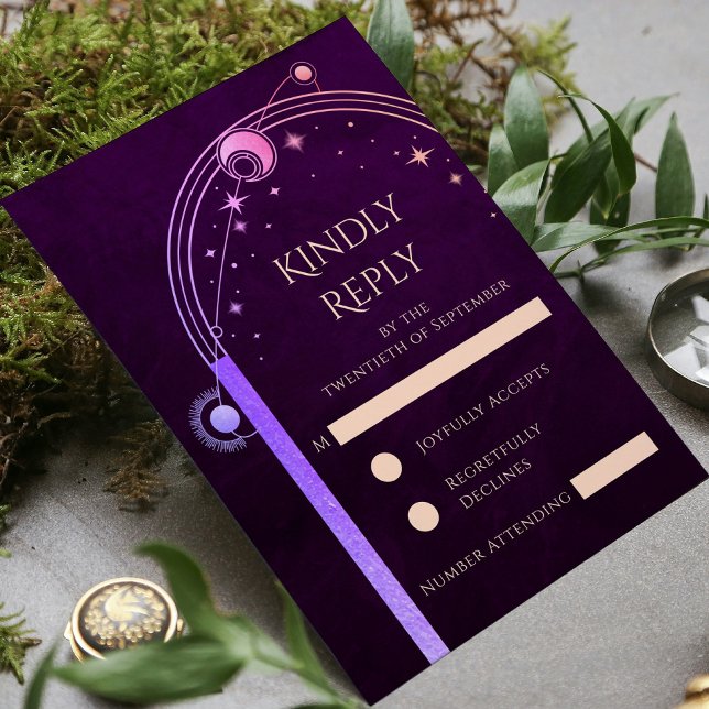 Celestial Rainbow Deep Plum Sun Moon Stars Wedding RSVP Card (Creator Uploaded)