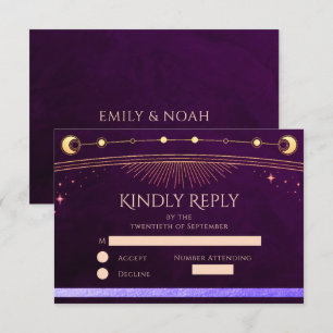 Celestial Rainbow Deep Plum Sun Moon Stars Wedding RSVP Card