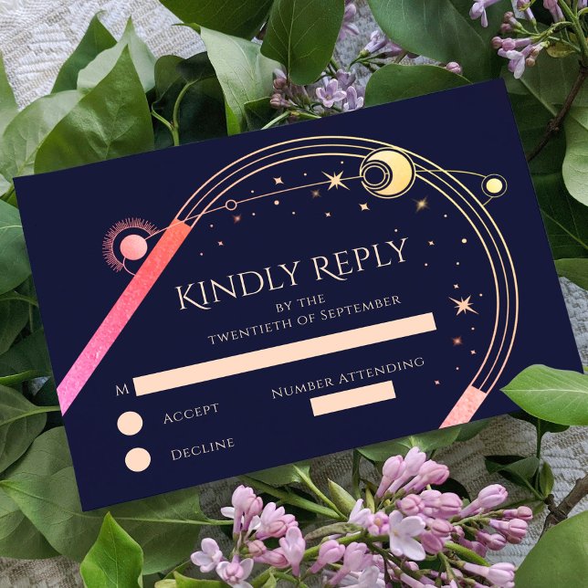Celestial Rainbow Navy Blue Sun Moon Stars Space RSVP Card (Creator Uploaded)