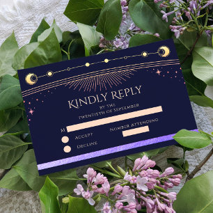 Celestial Rainbow Navy Blue Sun Moon Stars Wedding RSVP Card
