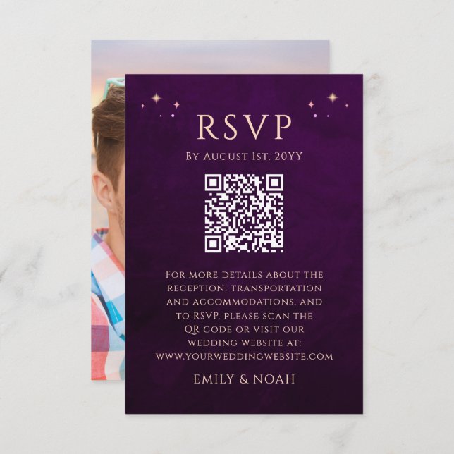Celestial Rainbow Plum Budget QR Code RSVP Photo Enclosure Card (Front/Back)