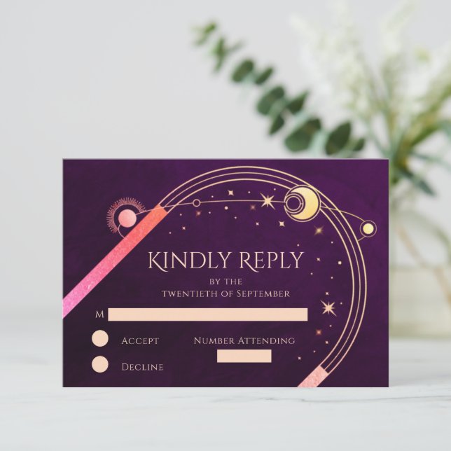 Celestial Rainbow Purple Sun Moon Stars Wedding RSVP Card (Standing Front)