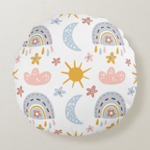 Celestial Rainbow & Sunburst Pattern Round Pillow