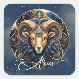 Celestial Ram Zodiac Sign Cosmic Black Gold Aries Square Sticker