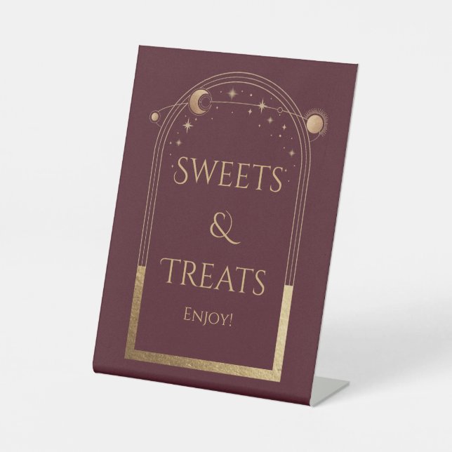 Celestial Red Gold Birthday Sweets & Treats Pedestal Sign (Front)