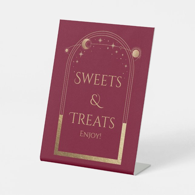 Celestial Red Gold Birthday Sweets & Treats Pedestal Sign (Front)