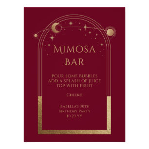 Celestial Red Gold Mimosa Bar Sun Moon Stars  Poster
