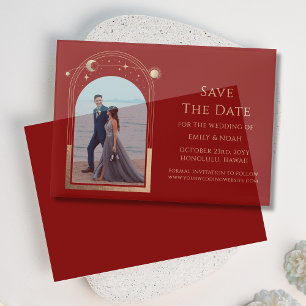 Celestial Red Gold Photo Wedding Save The Date Vellum Invitations