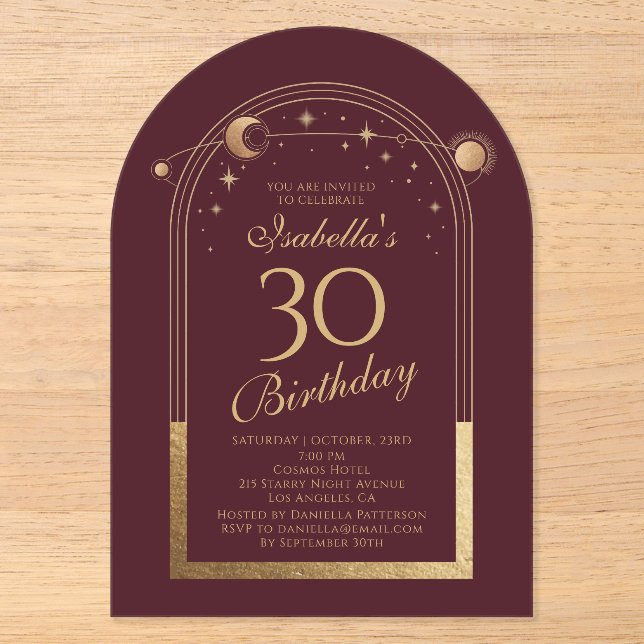 Celestial Red Gold Sun Moon Stars 30th Birthday Acrylic Invitations (Front)