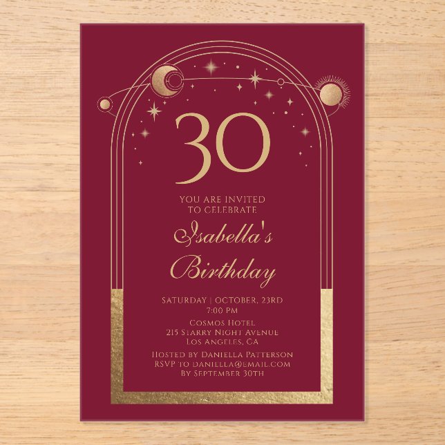 Celestial Red Gold Sun Moon Stars 30th Birthday Acrylic Invitations (Front)