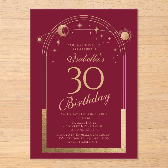 Celestial Red Gold Sun Moon Stars 30th Birthday Acrylic Invitations (Front)